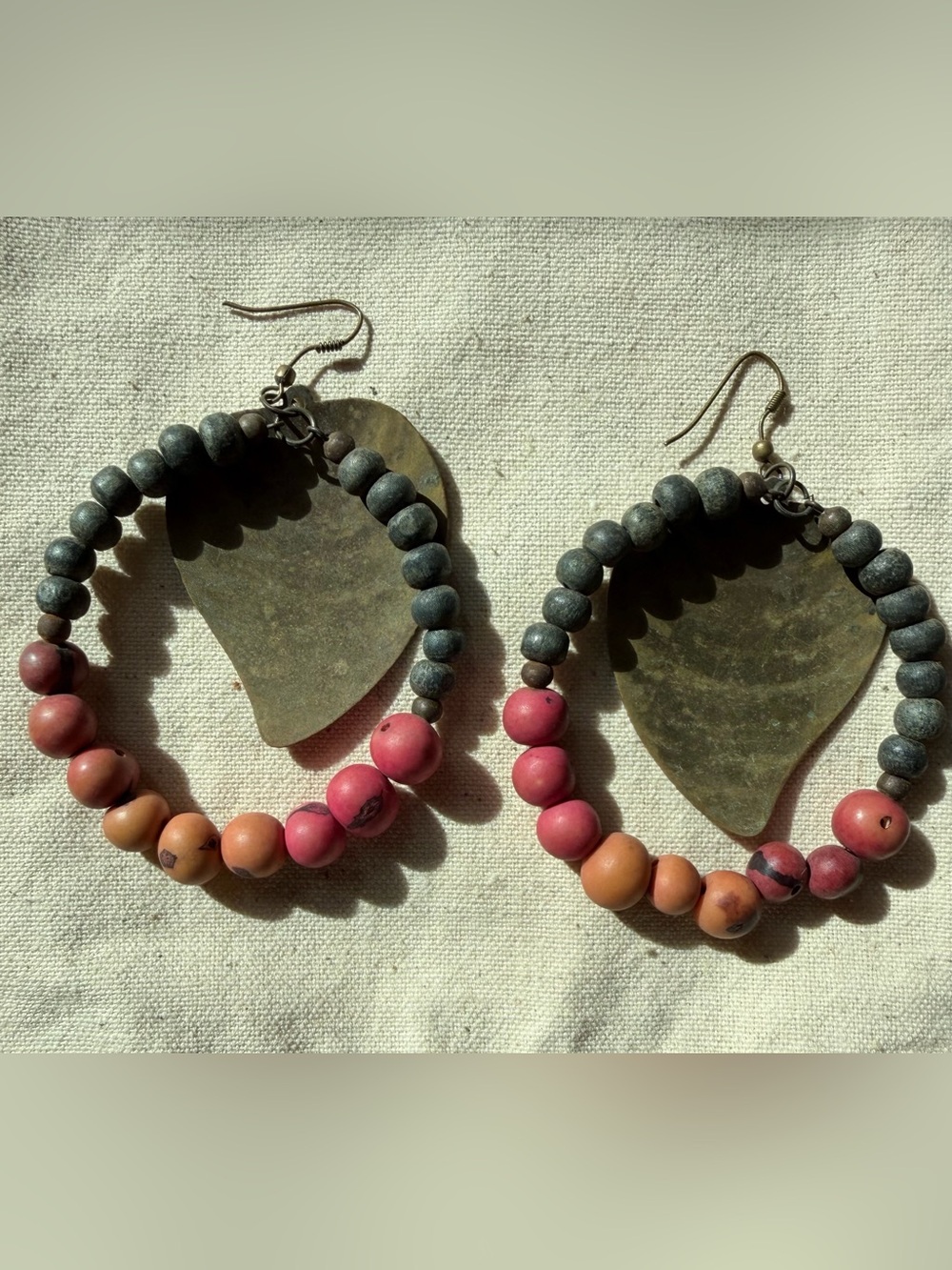 Handcrafted Heart Pendant Beaded Drop Earrings - Pink Gray Coral Distressed - Picture 4 of 4
